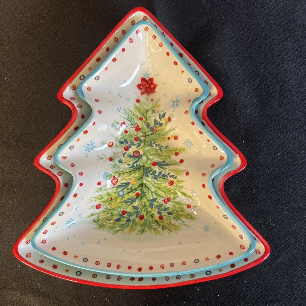 Pioneer Woman Candy Cookie Dish Nesting Set Christmas Tree Holiday Server 2"Deep - Picture 2 of 8